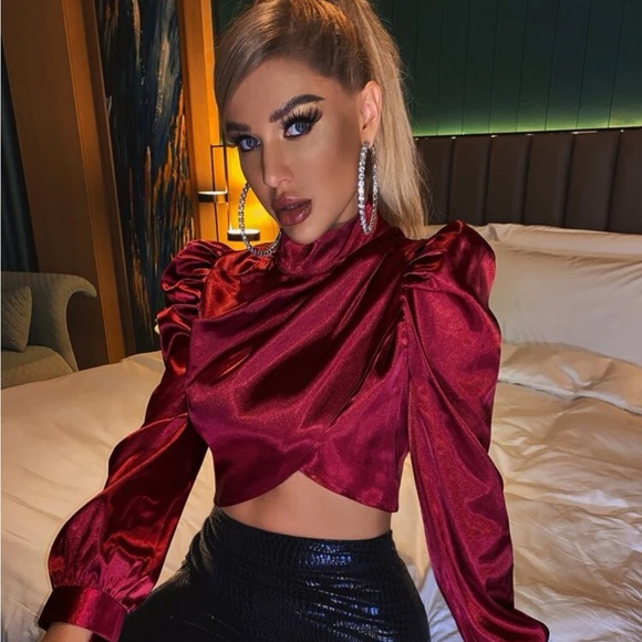 Satin stand collar puff sleeve crop blouse - Picture 1 of 2